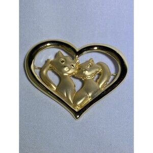 Gold Tone Cat Heart Pin Brooch Kitty Fashion Jewelry